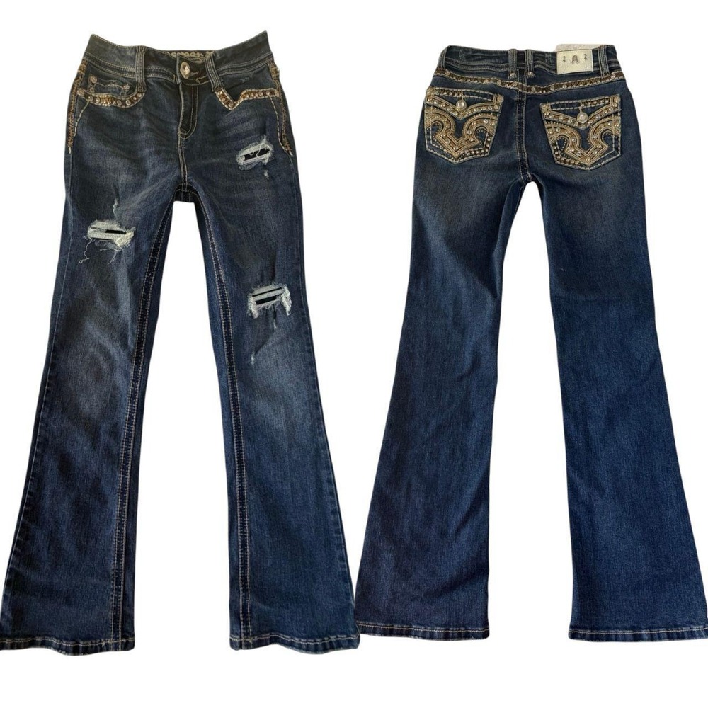 Y2K Answer Me Bling Rhinestone Bootcut Jeans 26-27"‎ - Picture 2 of 7